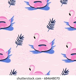 Hand drawn vector abstract cartoon summer time. Fun illustration seamless pattern with flamingo float.