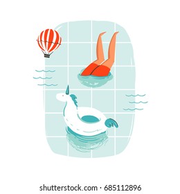 Hand drawn vector abstract cartoon summer time fun cartoon illustration with swimming people in swimming pool with hot air balloons isolated on white background.