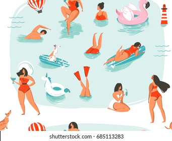 Hand drawn vector abstract cartoon summer time fun swimming people group collection seamless pattern illustrations isolated on blue ocean waves background.