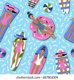 Hand drawn vector abstract cartoon summer time. Fun illustration seamless pattern with swimming people.