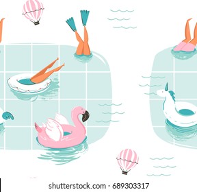 Hand drawn vector abstract cartoon summer time fun cartoon seamless pattern with swimming people in swimming pool with hot air balloons isolated on white background.