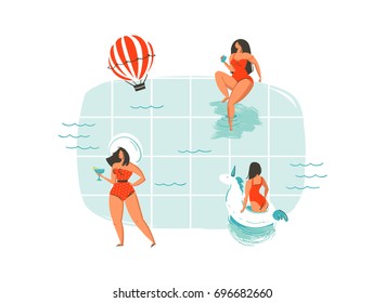 Hand drawn vector abstract cartoon summer time fun swimming young girls group collection illustrations isolated on blue swimming pool waves background.