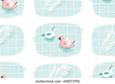 Hand drawn vector abstract cartoon summer time fun illustration seamless pattern print with pink flamingo and unicorn buoy ring in blue swimming pool texture isolated on white background.