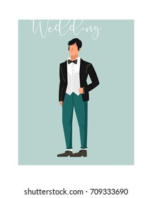 Hand drawn vector abstract cartoon wedding groom illustration element isolated on blue background