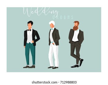 Hand drawn vector abstract cartoon wedding groom illustrations celebration elements collection set isolated on blue background