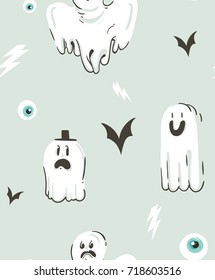 Hand drawn vector abstract cartoon Happy Halloween illustrations collection seamless pattern with different funny ghosts decoration elements isolated on white background.