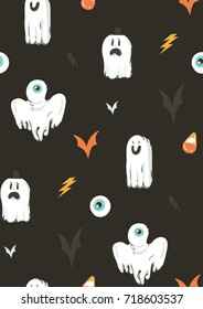 Hand drawn vector abstract cartoon Happy Halloween illustrations collection seamless pattern with different funny ghosts decoration elements isolated on black background.
