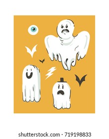 Hand drawn vector abstract cartoon Happy Halloween illustrations collection set with different funny ghosts decoration elements isolated on orange background
