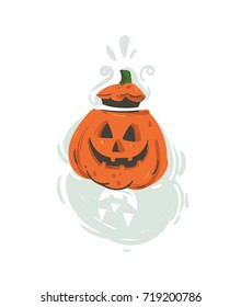 Hand drawn vector abstract cartoon Happy Halloween illustration with pumpkin lantern monster isolated on white background