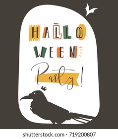 Hand drawn vector abstract cartoon Happy Halloween illustration party poster with different decoration elements,raven,and modern calligraphy phase Halloween party isolated on white background