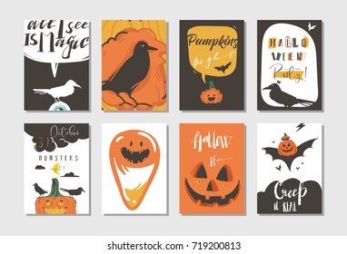 Hand drawn vector abstract cartoon Happy Halloween illustrations party posters and collection cards set with ravens,bats,pumpkins and modern calligraphy isolated on white background