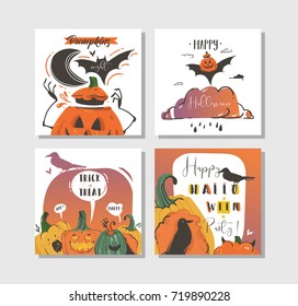 Hand drawn vector abstract cartoon Happy Halloween illustrations party posters and collection cards set with ravens,bats,pumpkins and modern calligraphy isolated on white background