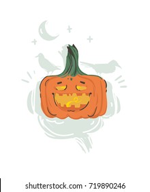 Hand drawn vector abstract cartoon Happy Halloween illustration with pumpkin lantern monster isolated on white background