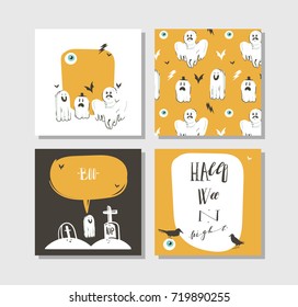 Hand drawn vector abstract cartoon Happy Halloween illustrations party posters and collection cards set with ghosts,bats,graves and modern calligraphy isolated on white background