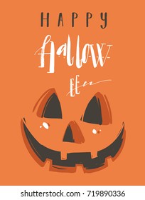 Hand drawn vector abstract cartoon Happy Halloween illustration poster with pumpkin lantern funny character and modern handwritten calligraphy isolated on orange background