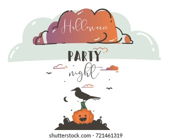 Hand drawn vector abstract cartoon Happy Halloween illustrations party poster card with ravens,bats,pumpkins on cemetery and modern calligraphy Halloween party night isolated on white background