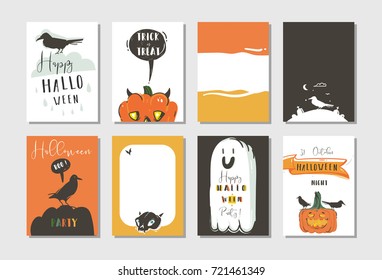 Hand drawn vector abstract cartoon Happy Halloween illustrations party posters and collection cards set with ravens,bats,pumpkins and modern calligraphy isolated on white background