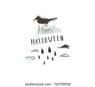 Hand drawn vector abstract cartoon Happy Halloween illustrations party design elements with raven and modern calligraphy quote Happy Halloween isolated on white background