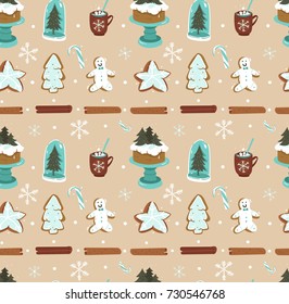 Hand drawn vector abstract cartoon Christmas seamless pattern with scandinavian home decorations elements glass bulb,holiday cake on stand and gingerbread cookies isolated on craft paper background.