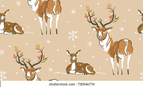 Hand drawn vector abstract cartoon wildlife Christmas seamless pattern with deers family ans snowflakes isolated on craft paper background.