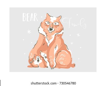 Hand drawn vector abstract cartoon wildlife family bears illustration isolated on grey background.
