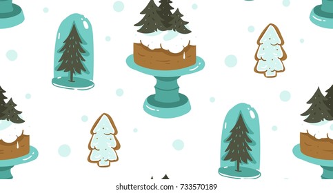 Hand drawn vector abstract cartoon Christmas seamless pattern with scandinavian home decorations elements glass bulb,holiday cake on stand and gingerbread cookies isolated on white background.
