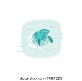 Hand drawn vector abstract cartoon summer time fun illustration with swimming dolphin in blue ocean waves isolated on white background.