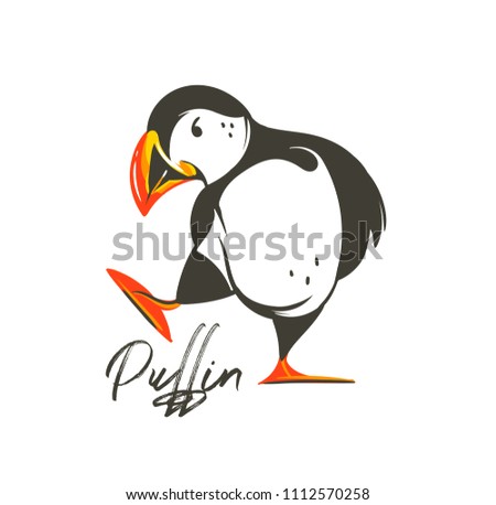 Hand drawn vector abstract cartoon summer time graphic decoration illustrations art with Icelandic puffin bird isolated on white background