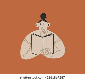 Hand drawn vector abstract cartoon,doodle readng female character holding a book in her hands and very surprised.Drawing doodle book reading character concept design.Study people vector illustration.