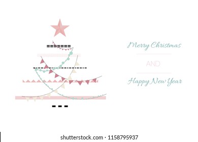 Hand drawn vector abstract Christmas tree, Merry Christmas and Happy New Year time illustrations greeting card template. White background. 