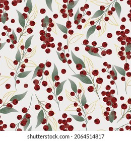 Hand drawn vector abstract Christmas berries seamless pattern. Tender Christmas illustration.