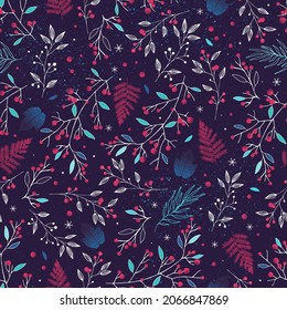 Hand drawn vector abstract Christmas berries seamless pattern. Tender Christmas illustration.