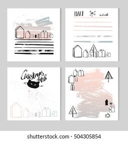 Hand drawn vector abstract Christmas and New year greeting card template collection set with brush modern lettering phases and quotes,decor houses,christmas trees and cat mask in pastel colors.