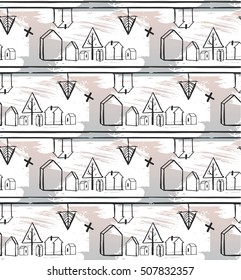 Hand drawn vector abstract Christmas seamless pattern with graphic decoration houses terrariums,crosses and Christmas tree.Christmas outdoor pattern in pastel colors.