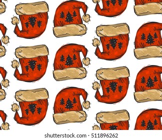 Hand drawn vector abstract Christmas seamless pattern with graphic red Santa Claus hats and trees isolated on white background. Design for wrapping paper, greeting card, flyers, posters.