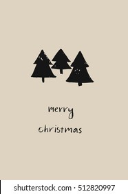 Hand drawn vector abstract Christmas decoration card design template with brush painted geometric Christmas trees and handwritten modern lettering phase Merry Christmas isolated on pastel background.