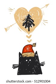 Hand drawn vector abstract Christmas card with illustration of black cat funny character in red Santa Claus hat,Christmas tree and heart isolated on white background.Design for journaling,postcard.