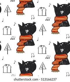 Hand drawn vector abstract Christmas seamless pattern with cute black cat in red scarf illustration,notes,Christmas trees and houses isolated on white background.Winter season outdoor pattern.