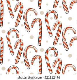 Hand drawn vector abstract Christmas seamless pattern with candy canes isolated on white background.Christmas menu design.Happy New Year and Merry Christmas concept.Wrapping paper.Fabric pattern.