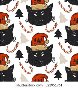 Hand drawn vector abstract Christmas seamless pattern with cute funny black cat character in red Santa Claus hat illustration,candy canes and scandinavian Christmas trees isolated on white background.