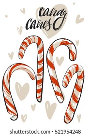 Hand drawn vector abstract Christmas greeting card template with xmas candy canes and handwritten modern calligraphy isolated on white background.Happy New Year and Merry Christmas concept.