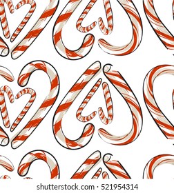 Hand drawn vector abstract Christmas seamless pattern with candy canes in heart shape isolated on white background.Christmas menu design.Happy New Year and Merry Christmas concept.Wrapping paper.