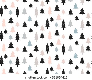 Hand drawn vector abstract Christmas trees pattern with Christmas trees in black and pastel colors isolated on white background.Merry Christmas and Happy New Year concept.Scandinavian style.