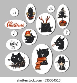 Hand drawn vector abstract Christmas stickers collection with funny doodle black cat characters in red Christmas clothing and Christmas tree in pot isolated on white.Happy New Year concept.