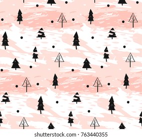 Hand drawn vector abstract Christmas decoration textured seamless pattern design with freehand dirty brush painted Christmas trees in pastel colors isolated on white background.