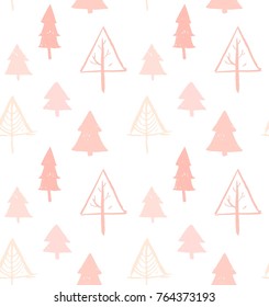 Hand drawn vector abstract Christmas decoration textured seamless pattern design with freehand brush painted Christmas trees in pastel colors isolated on white background.