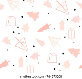 Hand drawn vector abstract Christmas decoration textured seamless pattern design with freehand brush painted Christmas trees in pastel colors isolated on white background.
