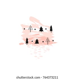 Hand drawn vector abstract Christmas decoration textured print design with freehand dirty brush painted Christmas trees in pastel colors isolated on white background.
