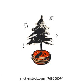 Hand drawn vector abstract Christmas decoration card template design with brush painted Xmas tree and freehand painting texture in pastel colors and sheets isolated on white background.