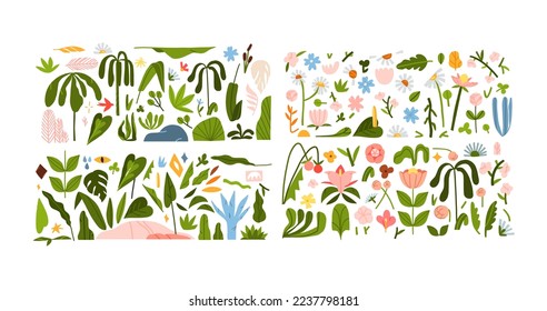Hand drawn vector abstract clipart illustrations collection set of composition with abstract doodle nature shapes of blossom flowers and tropical leaves elements.Modern nature design concept art.